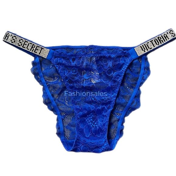 Victorias Secret Crystals Rhinestone Shine Strap Bikini Lace Panty blue Oar Lace - Picture 3 of 9